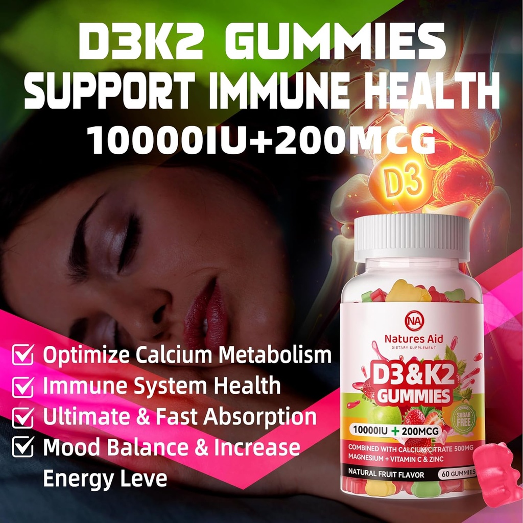 Natures Aid Sugar-Free Vitamin D3 K2 Gummies with Calcium + K2 (MK-7), Magnesium Citrate, Vitamin C, Extra Strength - Ultimate Absorption for Bone Muscle Teeth Immune, Vegan - 60 Gummies 5