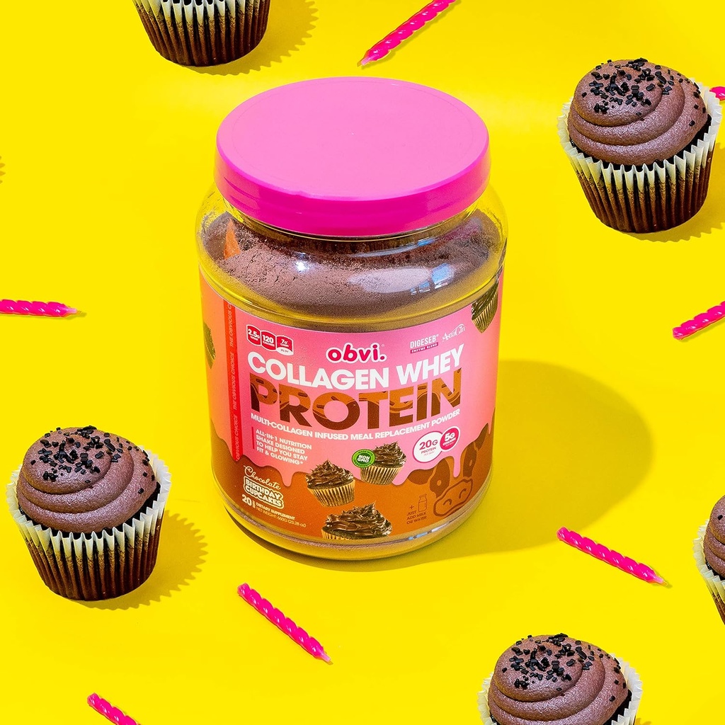 Obvi Collagen Whey Protein Powder | Post Workout Shake, Supports Muscle Growth, Healthy Hair, Skin, Nails, Joints, Gut | Multi-Collagen Infused Meal Replacement | Chocolate Bday Cupcakes, 20 Servings 5