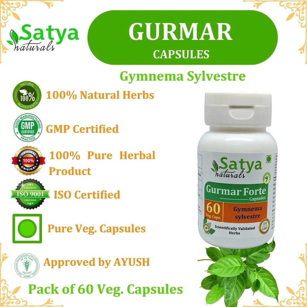 Gurmar Forte Capsules 500 mg. 60 Veg. Capsule | Gudmar (Gymnema Sylvestre) Extract Capsules for Men and women | Ayurvedic Herbal Supplement/Remedies | 10:1 Forte (1 Bottle of 60 Capsules) 6