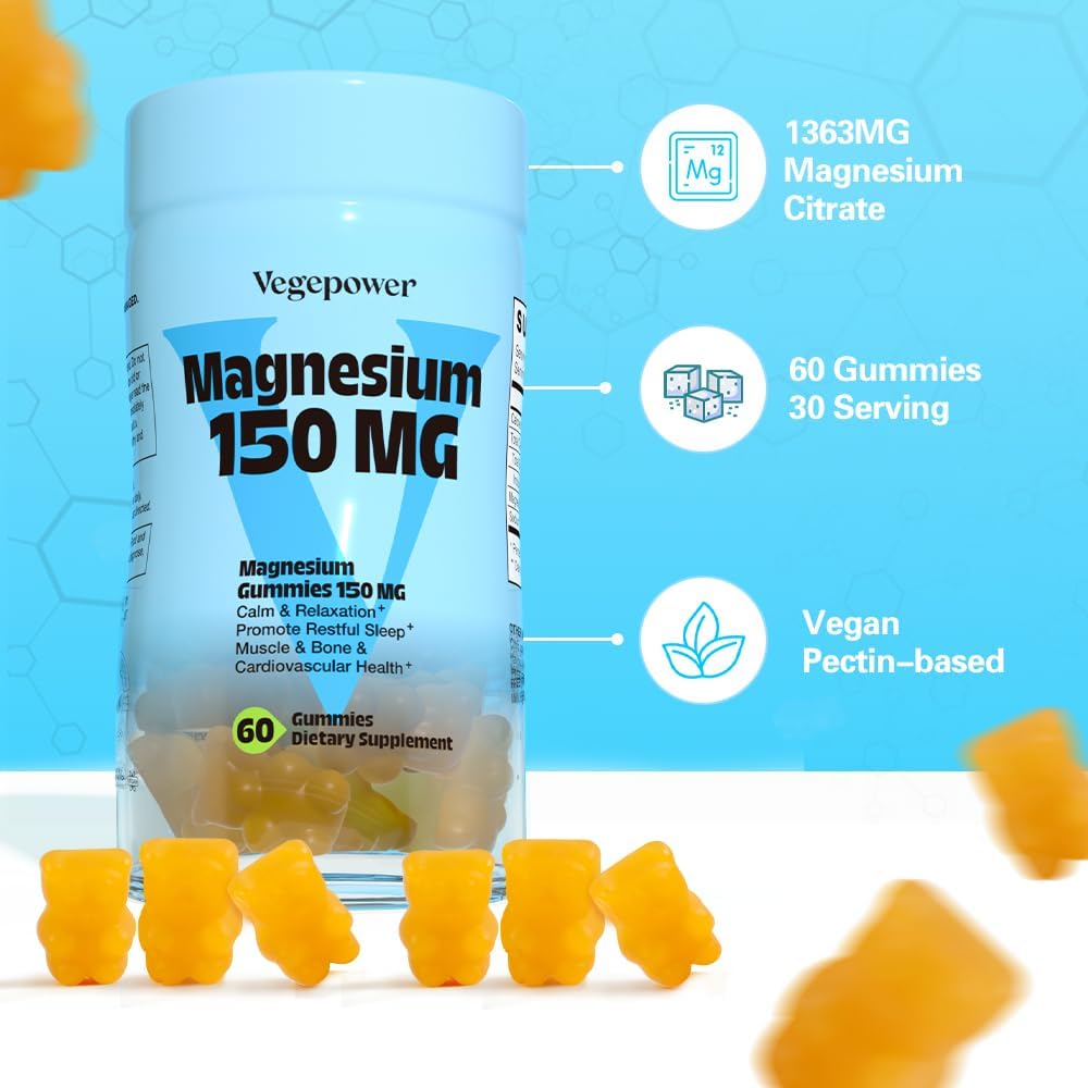 Vegan Magnesium Citrate Gummies, 150mg Magnesium Gummies for Adults & Kids, High Absorption Calm Magnesium Supplement for Sleep, Muscle Relax, Nerve and Bone Health, Gluten Free, Non-GMO, 60 Gummies 5