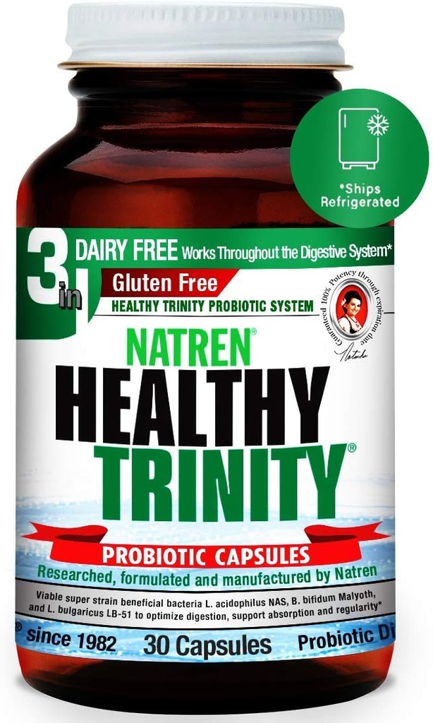 Natren Healthy Trinity Probiotics Supplement - 30 Dairy and Gluten Free Gel Capsules - Improve Gut and Digestive Health, 30 Billion CFU - Lactobacillus Acidophilus, Bifidobacterium, Bulgaricus 2