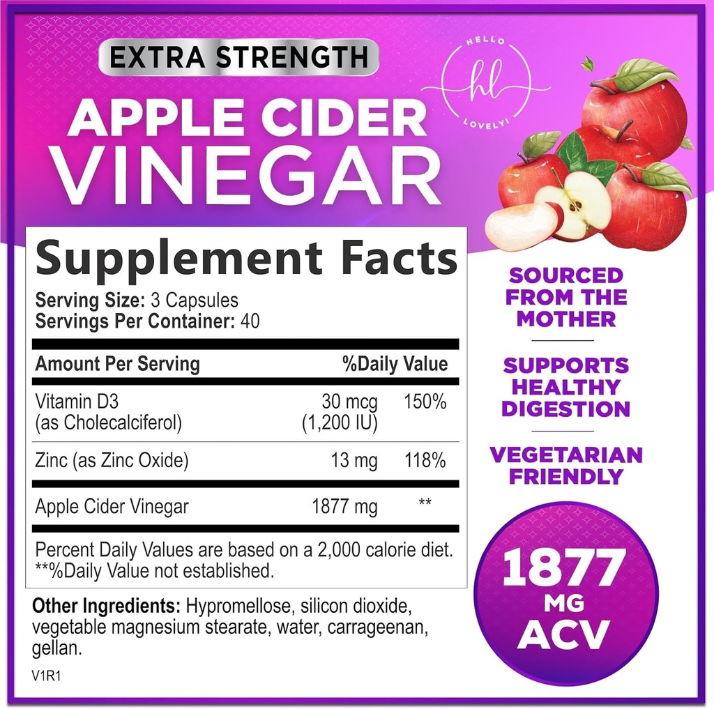 Apple Cider Vinegar Capsules 1877mg - Extra Strength ACV Pills with Vitamin D3 & Zinc - Apple Vinegar Pills Supplement for Digestion, Energy & Immune Support, Non-GMO, Bottled in USA - 120 Capsules 3