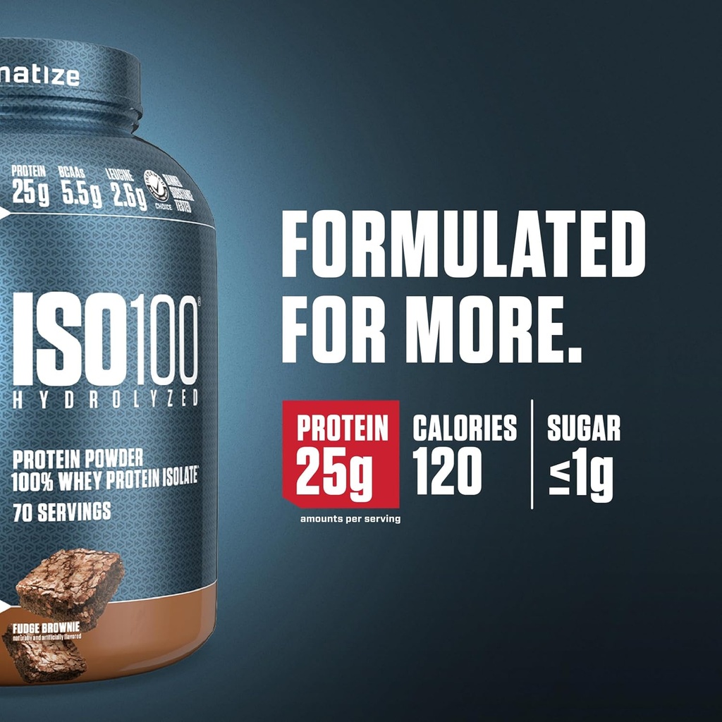 Dymatize ISO100 Whey Protein Powder Isolate, Fudge Brownie, 25g of Protein, 5 Pound, 5.5g BCAAs, Less Than 120 Cal., Gluten Free, 1g Fat, 1g Sugar, 2g Carb (70 Servings) 4