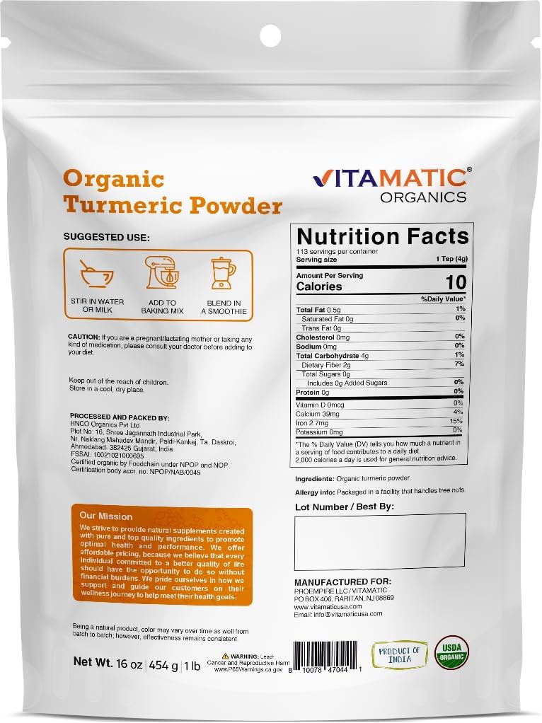 Vitamatic Certified USDA Organic Turmeric Powder – 1 lb (16 oz) 5