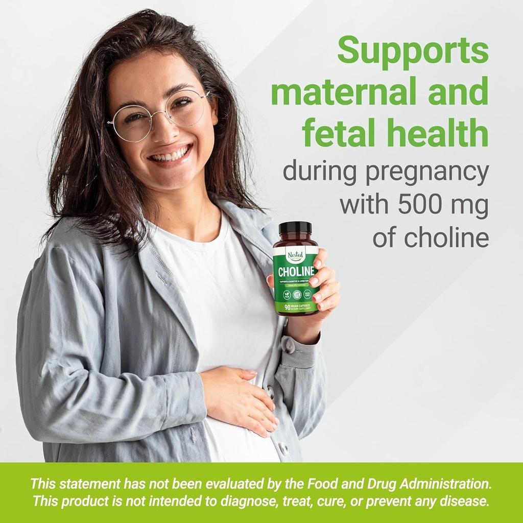 Nested Naturals Choline Bitartrate 500mg - High Potency Choline Supplements - Supports Maternal & Fetal Health During Pregnancy* - 100% Vegan & Non-GMO - 2-Pack (180 Vegan Capsules) 6