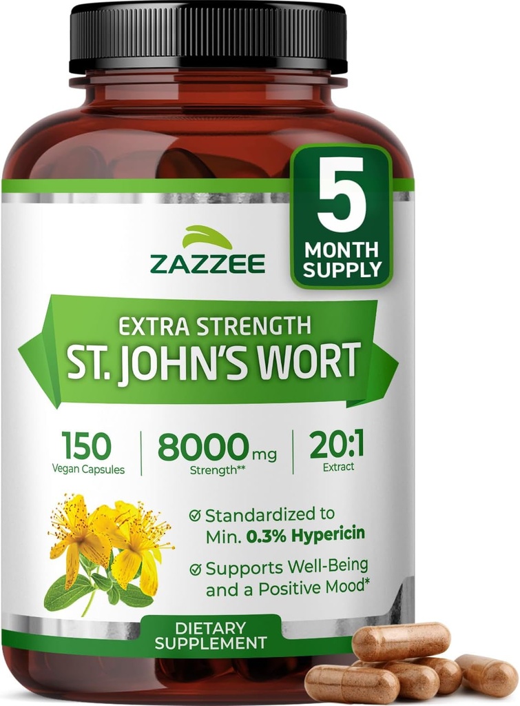 Zazzee Extra Strength St. John’s Wort 20:1 Extract, 8000 mg Strength, 0.3% Hypericin, 150 Vegan Capsules, 5 Month Supply, Concentrated, Standardized 20X Extract, 100% Vegetarian, Non-GMO, All-Natural 2