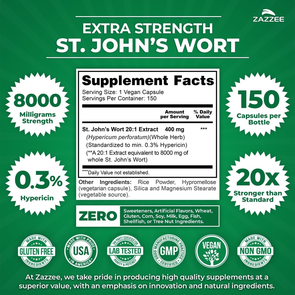 Zazzee Extra Strength St. John’s Wort 20:1 Extract, 8000 mg Strength, 0.3% Hypericin, 150 Vegan Capsules, 5 Month Supply, Concentrated, Standardized 20X Extract, 100% Vegetarian, Non-GMO, All-Natural 3