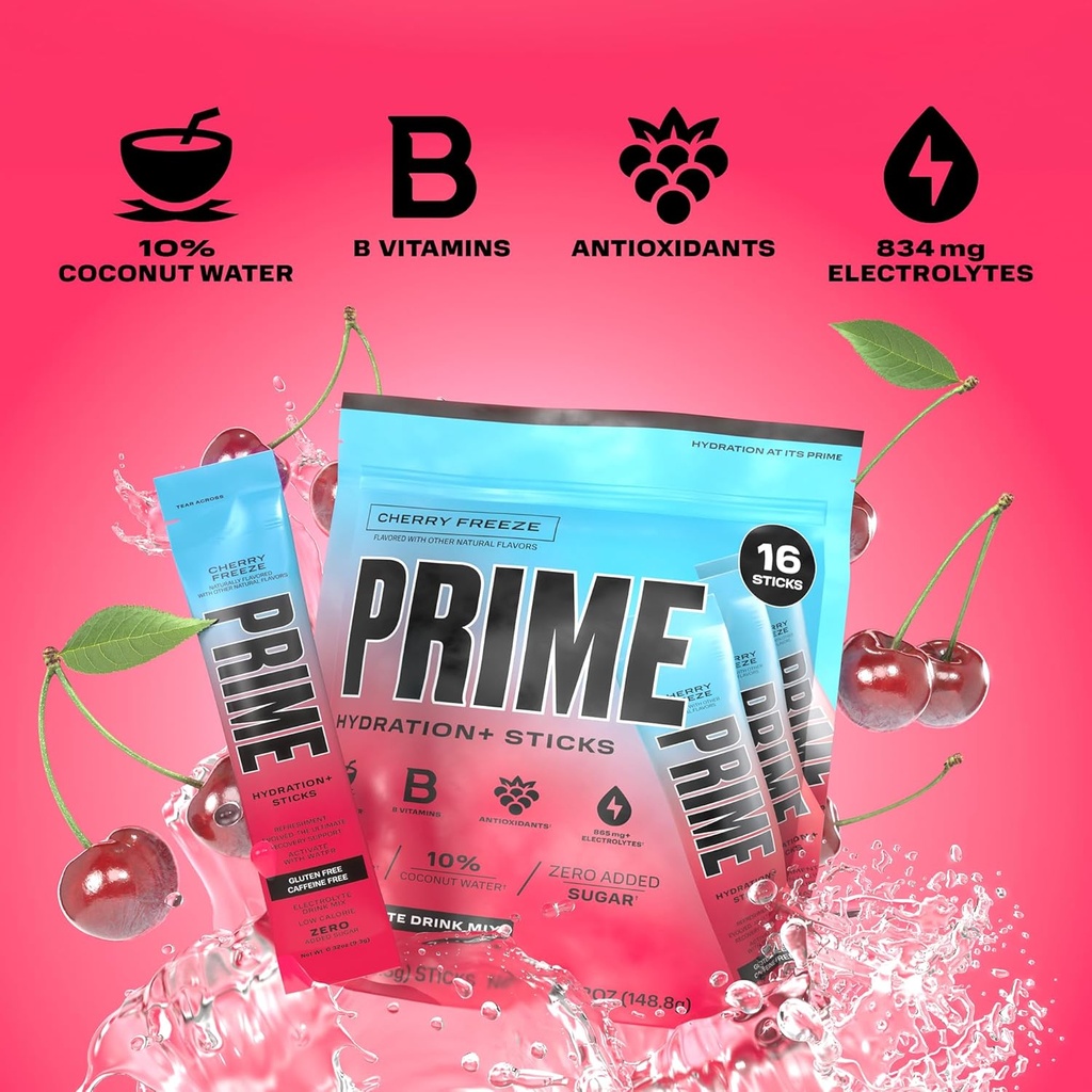 PRIME HYDRATION+ Sticks Cherry Freeze | Hydration Powder Single Serve Sticks | Electrolyte Powder On The Go | Low Sugar | Caffeine-Free | Vegan | 16 Sticks 5