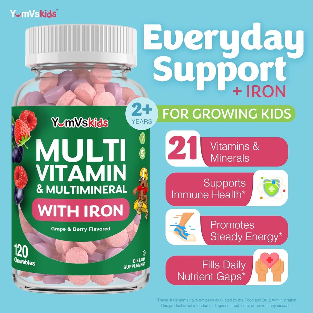 YUM-V'S Kids Multivitamin with Iron - Kids Chewable Multivitamin - Vitamins + Iron Supplement - Toddler Vitamins for 2 Year Old+, Kosher, Halal, Gluten Free 120 (Pack of 2 3