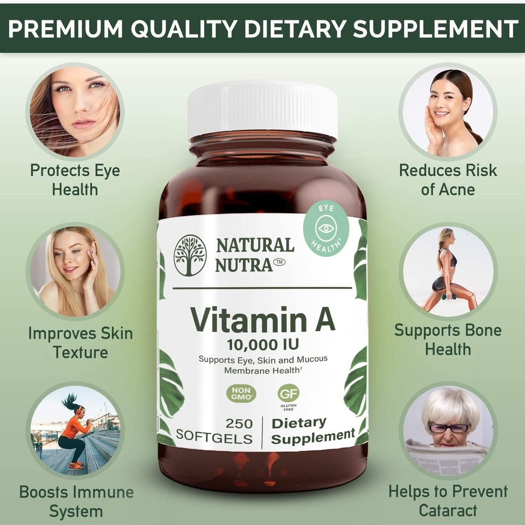 Natural Nutra Vitamin A 10,000 IU Softgels – High Potency Eye and Skin Vitamins – Gluten-Free Vitamin A Supplement for Sight & Skin Health – Fish Liver Oil for Men and Women, Gluten Free, 250 Softgels 4