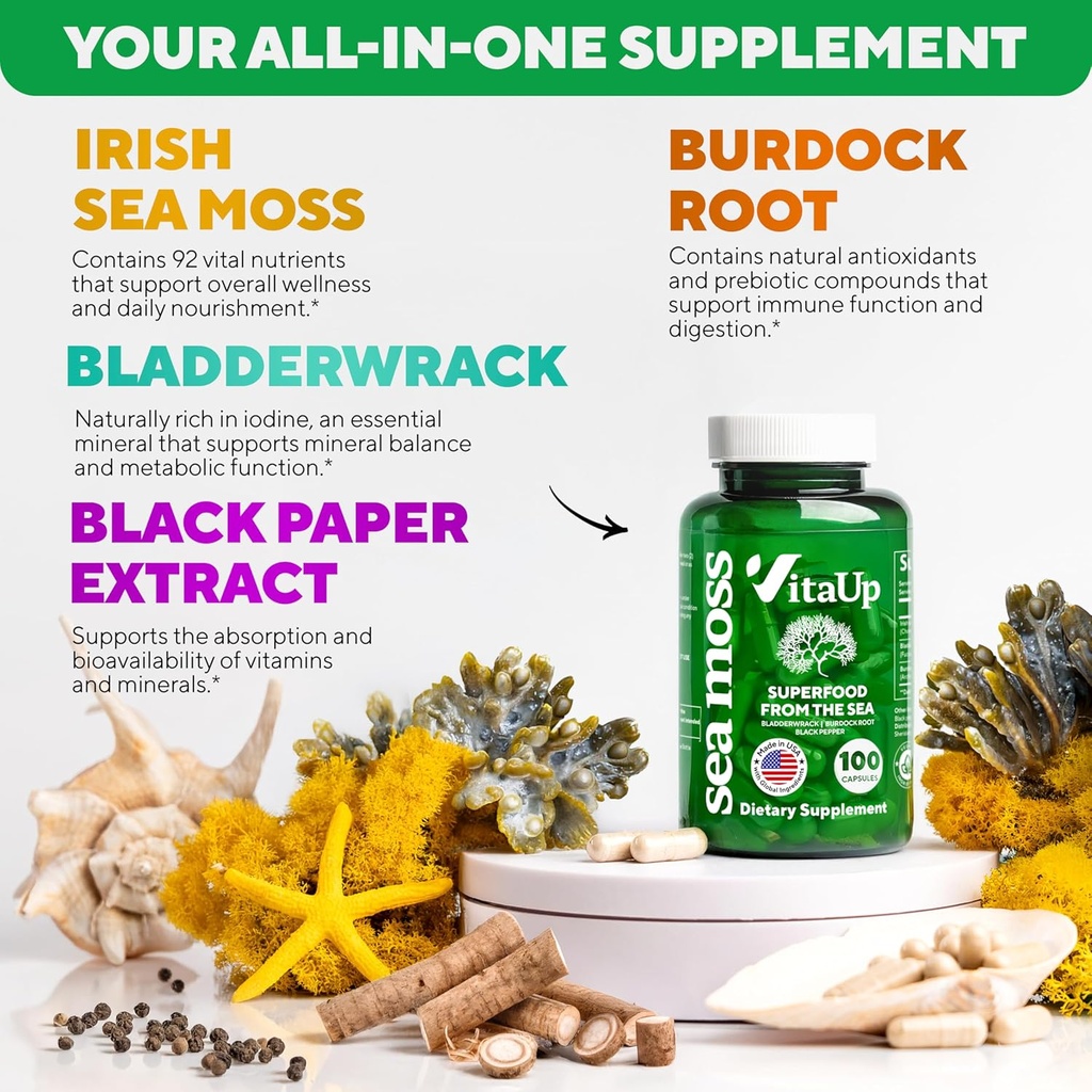 Wildcrafted Irish Sea Moss Capsules with Burdock Root & Bladderwrack - USA Made Sea Moss Advanced for Hair, Skin, Immune & Energy Levels Support - SeaMoss Pills - 100 Vegan Capsules 3