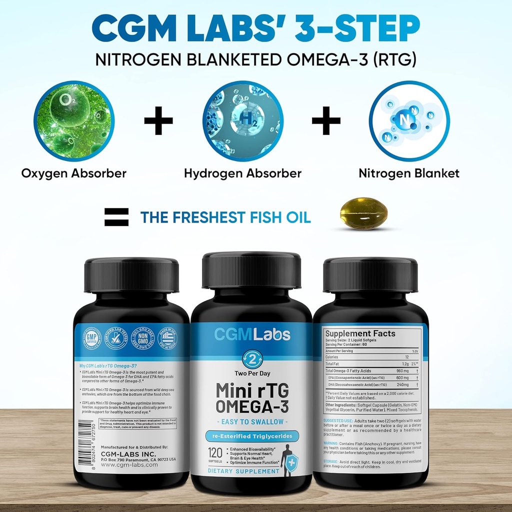 rTG Omega 3 Fish Oil Dietary Supplement - High Absorption & Fast Acting, Burpless Fish Oil Supplement from Anchovy. re-esterified Triglyceride w/EPA & DHA (as rTG) 960mg - 120 Softgels by CGM Labs 3