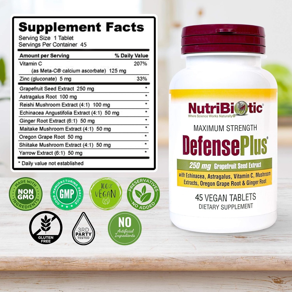 NutriBiotic – DefensePlus, 45 Tablets | 11 in 1 Immune Support with Vitamin C, Zinc, Grapefruit Seed Extract, Echinacea, Astragalus Root & Immune Boosting Extracts & Mushrooms | Vegan & Gluten Free 5