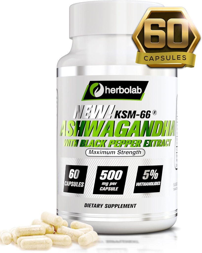 herbolab Ashwagandha KSM 66 15:1 with Black Pepper Extract (Higher Absorption) Max Potency Full Spectrum 5+% Withanolides 2