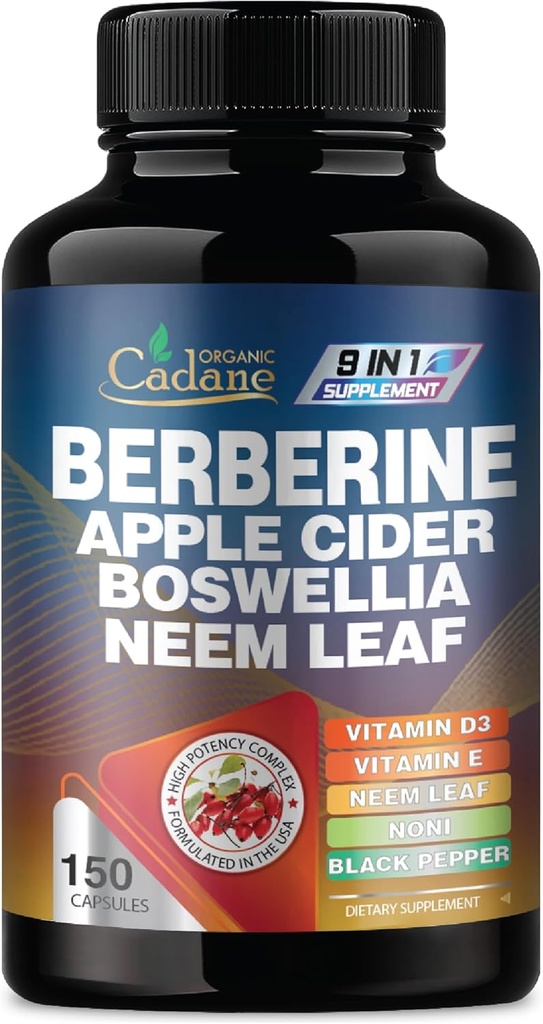 Organic Cadane Berberine Supplement 150 Capsules, with Neem Leaf, Apple Cider Vinegar, VIT D3, E & More - Berberine Extract - Support for Immune System, Digestion & Overall Health 2
