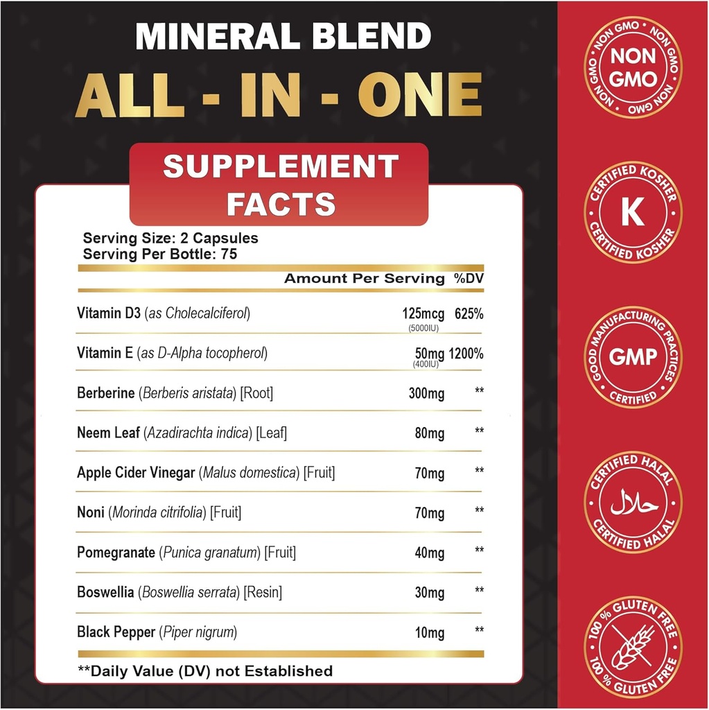 Organic Cadane Berberine Supplement 150 Capsules, with Neem Leaf, Apple Cider Vinegar, VIT D3, E & More - Berberine Extract - Support for Immune System, Digestion & Overall Health 3