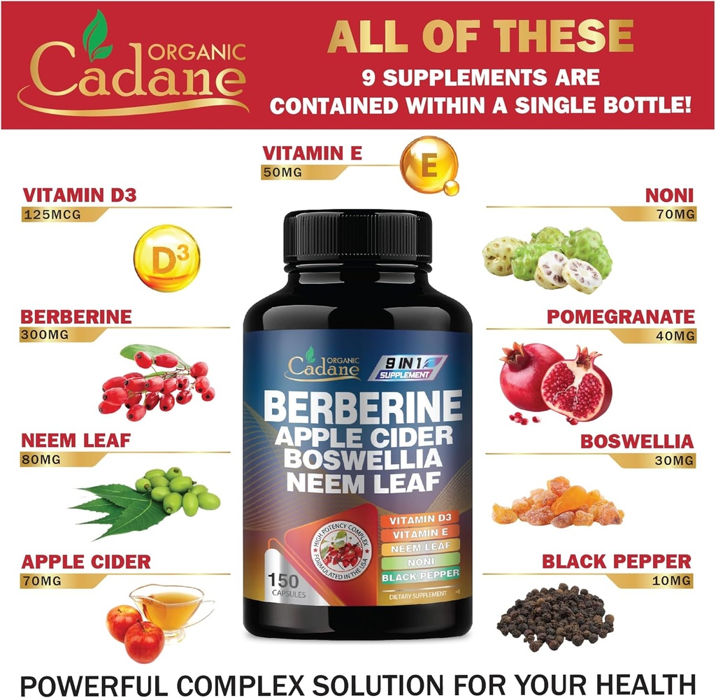 Organic Cadane Berberine Supplement 150 Capsules, with Neem Leaf, Apple Cider Vinegar, VIT D3, E & More - Berberine Extract - Support for Immune System, Digestion & Overall Health 4