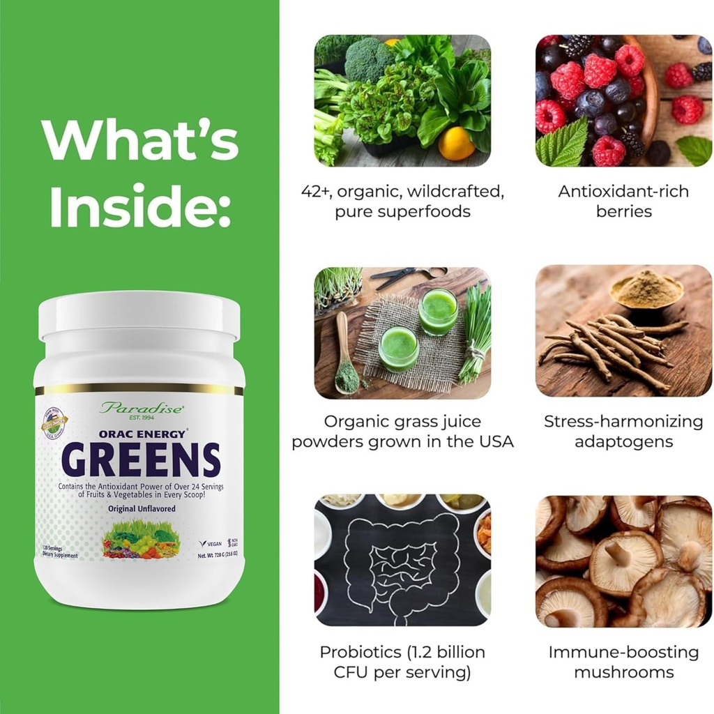 Paradise Herbs, ORAC Energy Greens Powder, Antioxidant Power of 24 Servings of Fruits & Vegetables in 1 Scoop, 120 Servings 4
