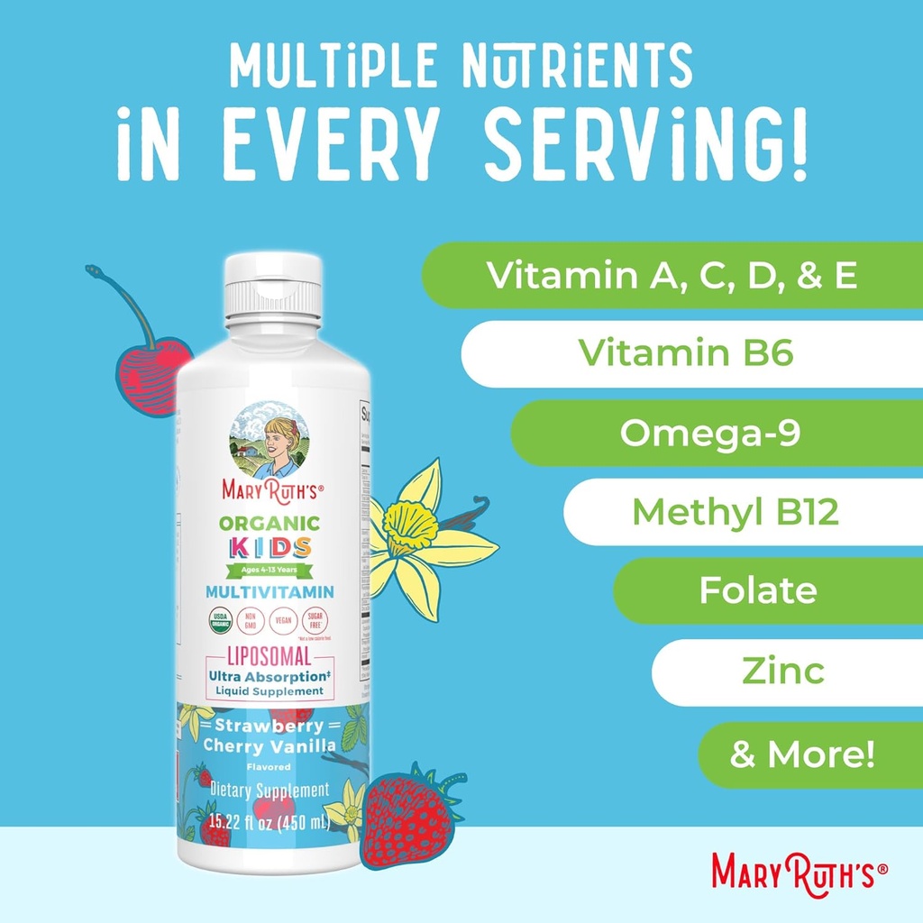 MaryRuth Organics Liquid Multivitamin (Apple Berry) & Liposomal (Strawberry Cherry & Vanilla) for Kids | Clean Label Project Verified® | Overall Wellness | Vegan, Non-GMO, Gluten Free 6