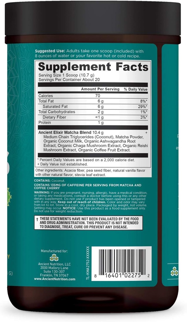 Matcha Green Tea Powder with Ashwagandha by Ancient Nutrition, Ancient Elixirs Superfood Matcha Energy Powder, with MCTs, Promotes Healthy Energy Levels, Paleo and Keto Friendly, 20 Servings 6