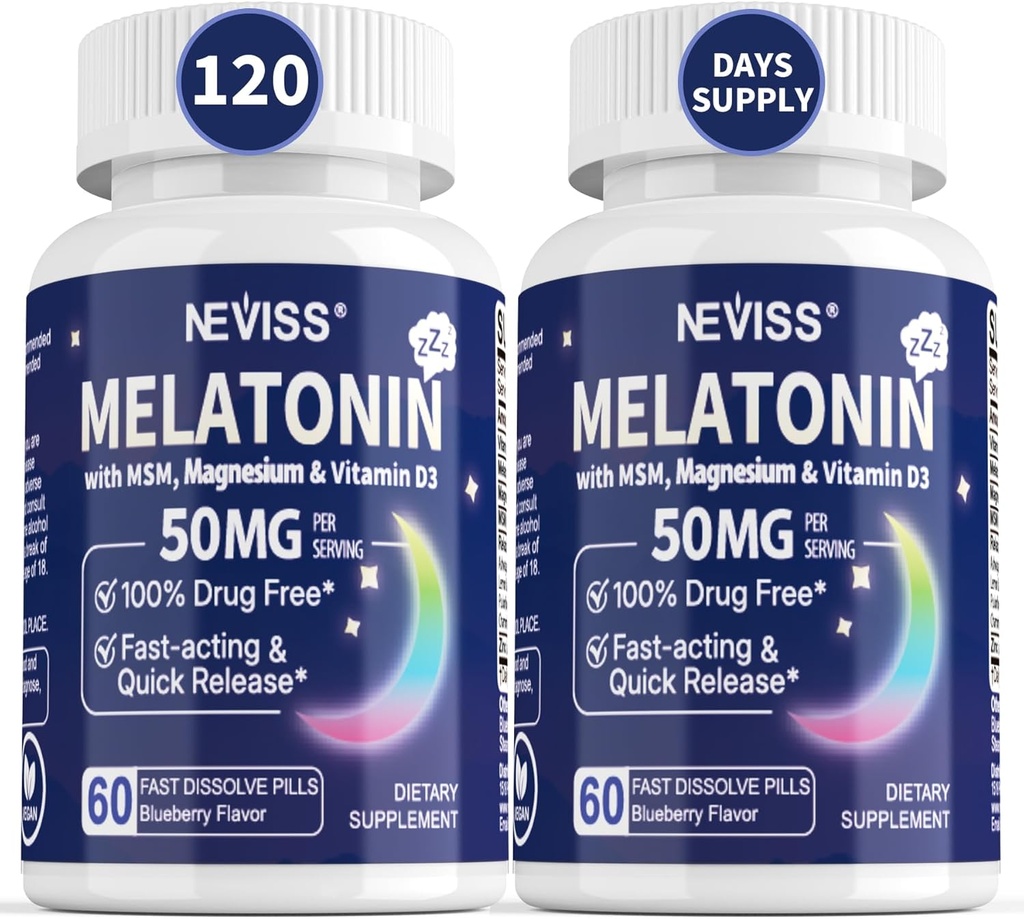 Melatonin 50 mg for Adults - Extra Strength 9-in-1 Fast Dissolve Sublingual - w/Vitamin D3 & MSM, Relaxing Herbal Blend-Ashwagandha, Lemon Balm, Passionflower,Chamomile,Sugar Free, Vegan 120 Servings 2