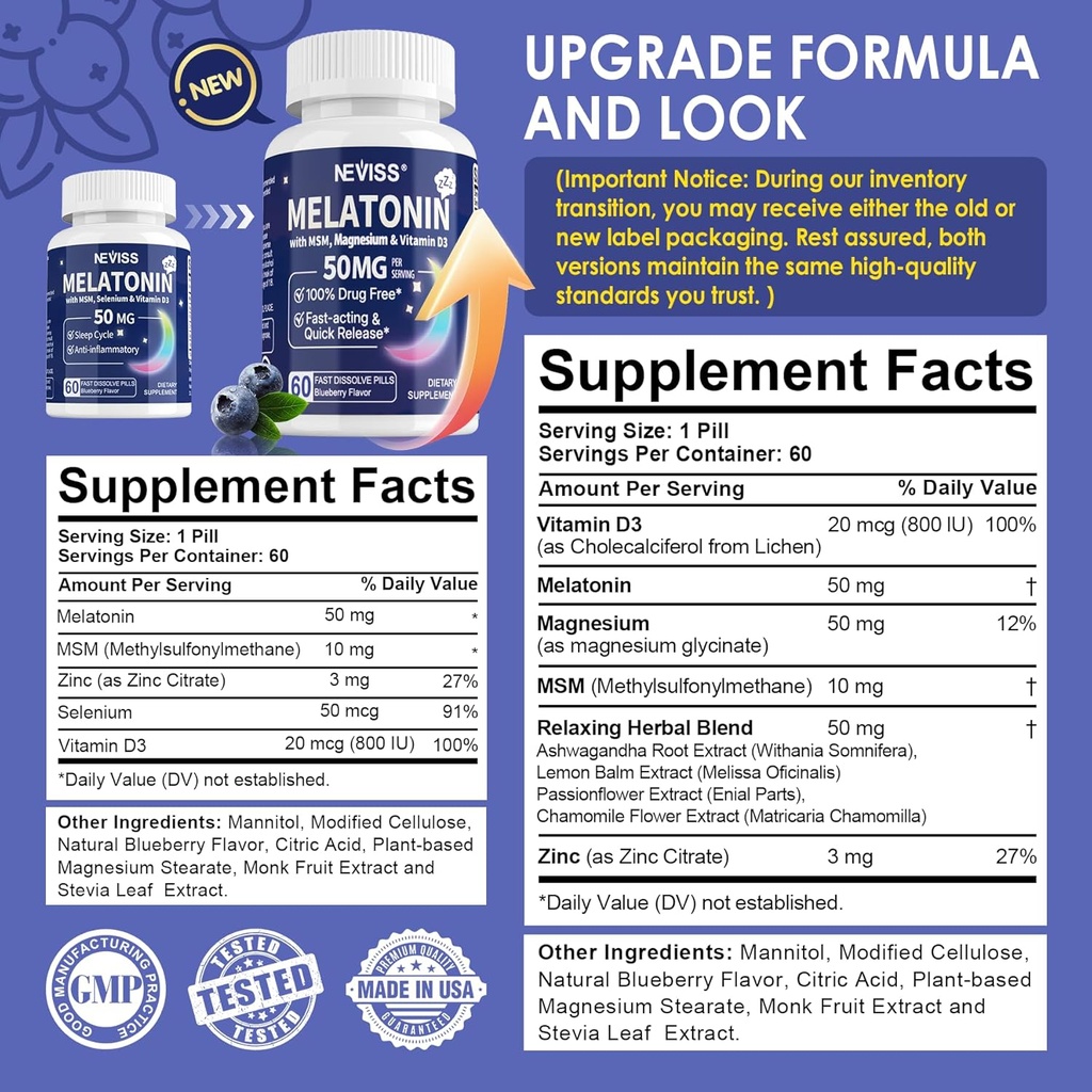 Melatonin 50 mg for Adults - Extra Strength 9-in-1 Fast Dissolve Sublingual - w/Vitamin D3 & MSM, Relaxing Herbal Blend-Ashwagandha, Lemon Balm, Passionflower,Chamomile,Sugar Free, Vegan 120 Servings 3