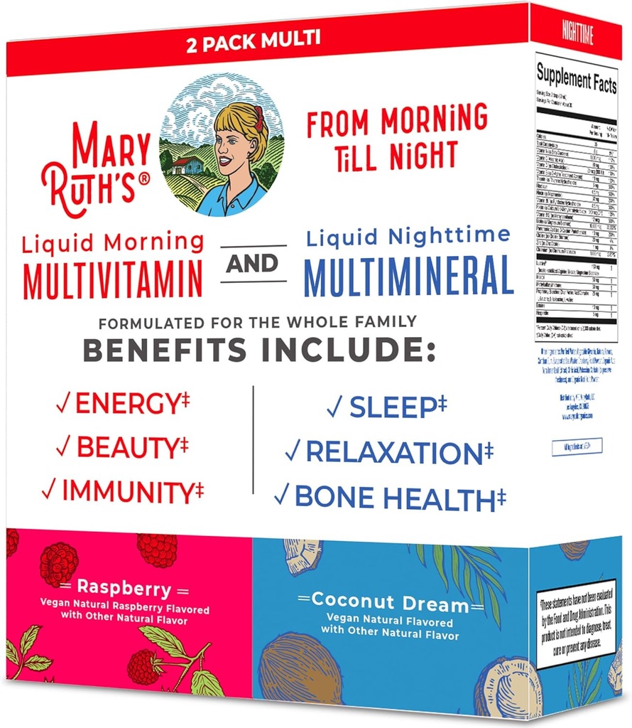 MaryRuth Organics Liquid Morning Multivitamin & Liquid Nighttime Multimineral Bundle, Vegan Vitamin C, Vitamin D, B Complex, Magnesium, Energy, Beauty, Sleep Support, NO Melatonin, 32 Fl Oz Each 3