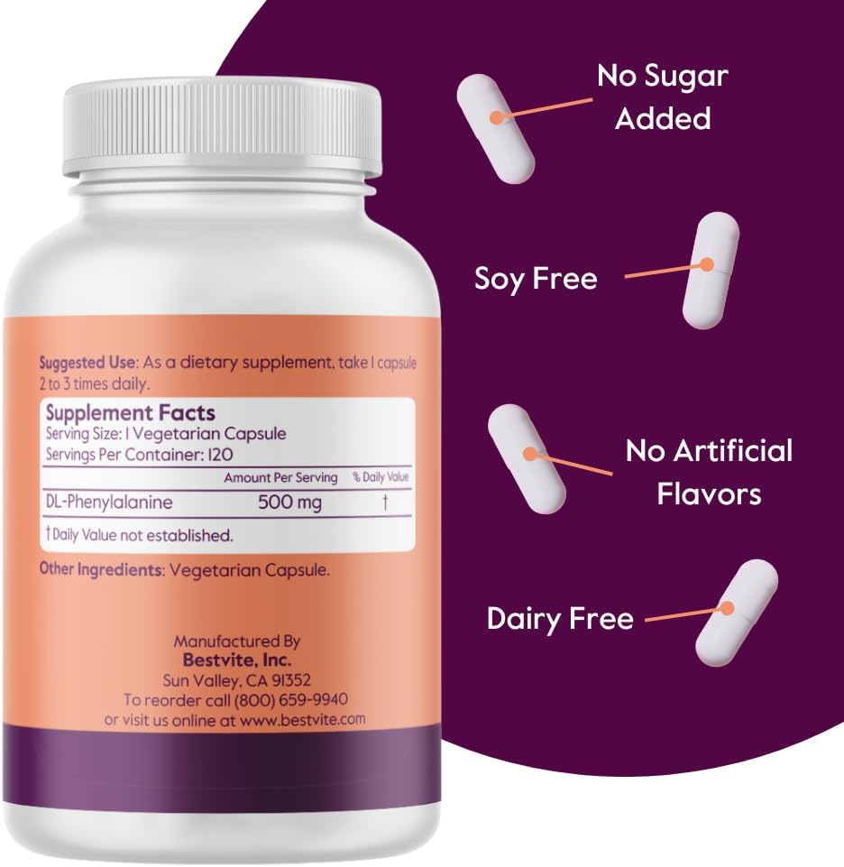 BESTVITE DL-Phenylalanine 500mg (240 Vegetarian Capsules) (2-Pack) - No Stearates - No Fillers - Vegan - Gluten Free - Non GMO 4