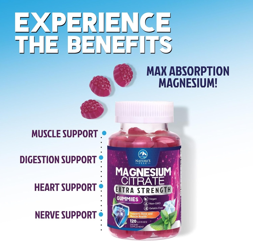 Magnesium Citrate Supplement Gummies - High Absorption Magnesium Gummy for Adults & Kids, Magnesio Citrate Supplements for Bone, Muscle Health, Heart Support, Vegan, Gluten Free, Non-GMO - 120 Gummies 6