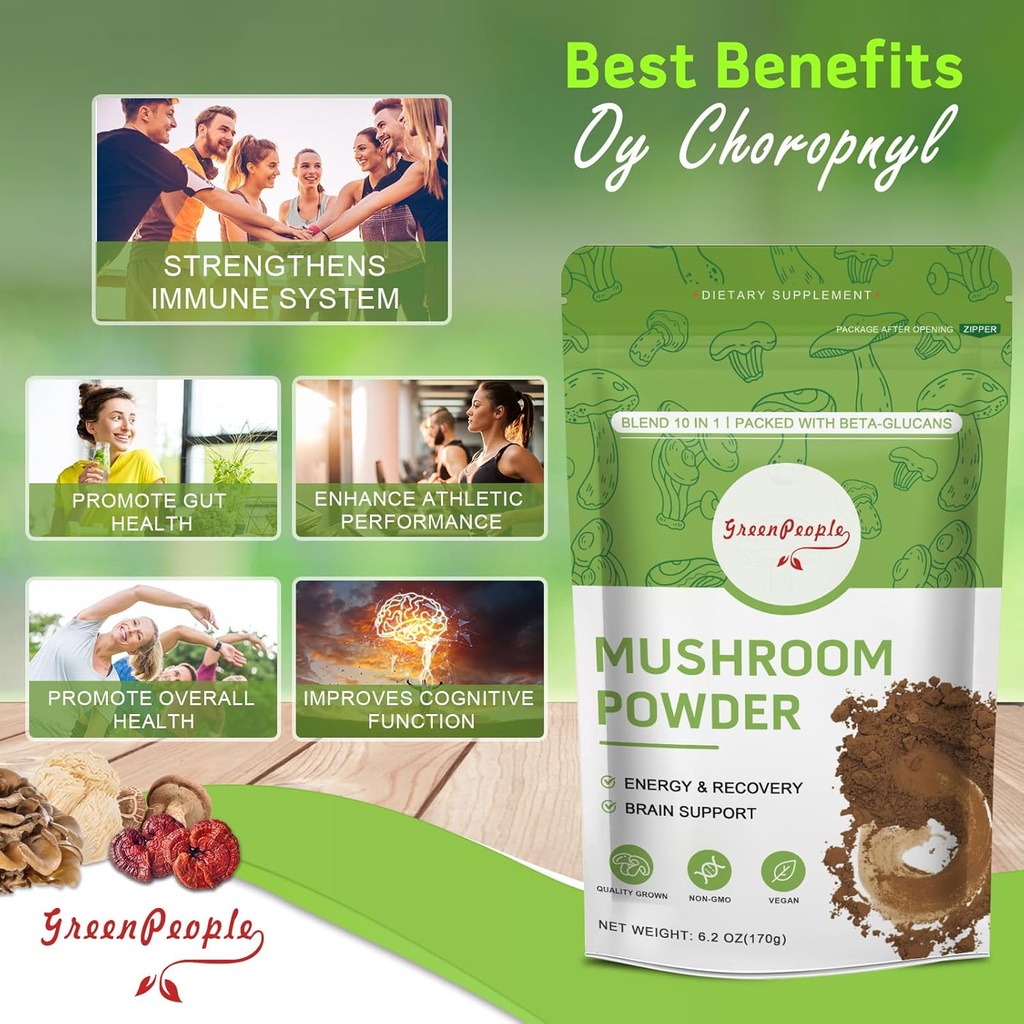 GREENPEOPLE Mushroom Powder Mushroom Supplement - 10-in-1 Mushrooms Lions Mane Powder with Reishi/Cordyceps/Chaga/Turkey Tail/Maitake/Complex for Cognitive Function & Immune Support 60 Servings 5