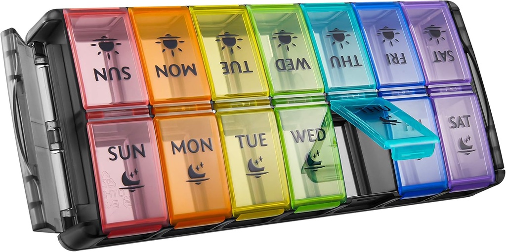 Weekly Pill Organizer 2 Times a Day Large 7 Day Easy Fill 2020 Latest Version NuLeaf AM PM Pill Box Large Daily Pill Cases Medicine Box - Rainbow Black (Patent Registered) 2