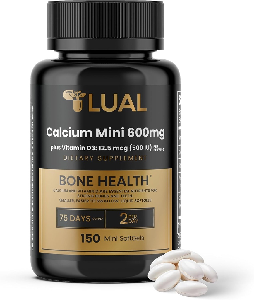 LUAL Calcium Minis 600 mg with Vitamin D3 - Bone & Muscle Support - 150 Mini Softgels - Easy to Swallow - Calcium & D3 for Strong Bones & Mobility 2