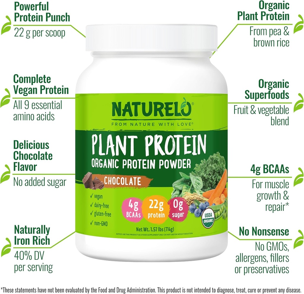 NATURELO Plant Protein Powder, Chocolate, 22g Protein - Non-GMO, Vegan, No Gluten, Dairy, or Soy - No Artificial Flavors, Synthetic Coloring, Preservatives, or Additives - 20 Servings 3