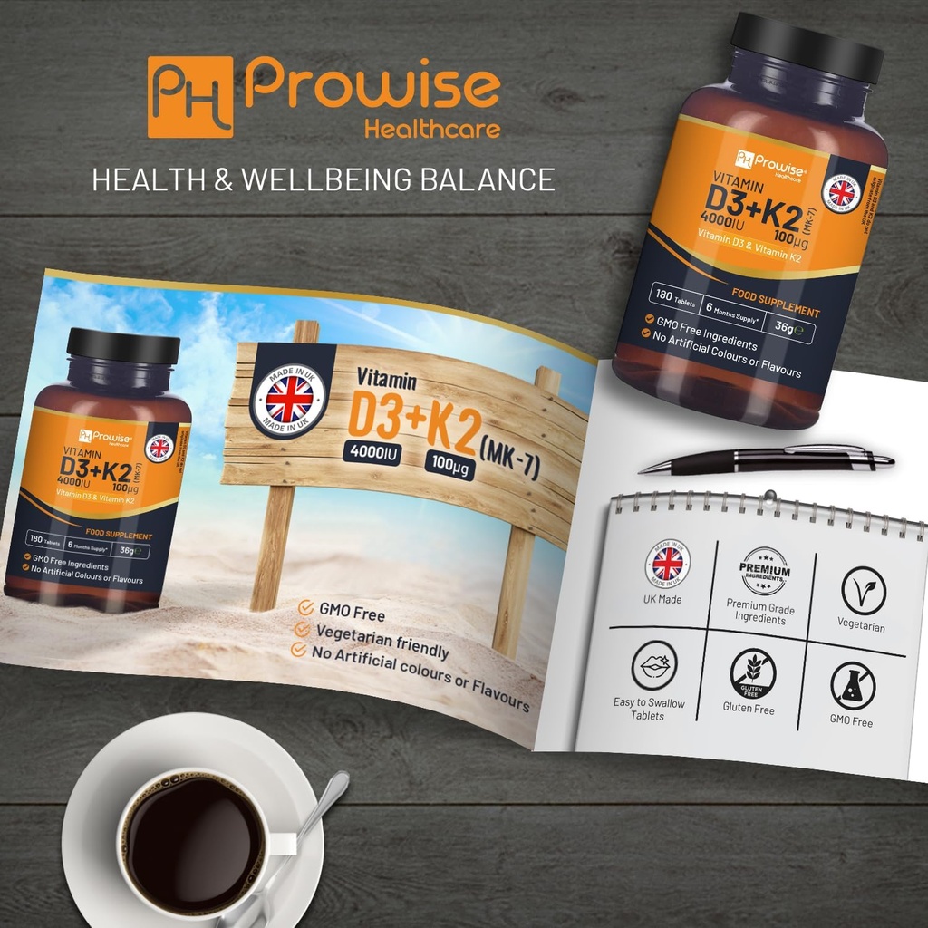 Vitamin D3 4000IU & K2 MK7 100µg Vegetarian Tablets I 180 (6 Months Supply) I Easy to Swallow Supplement for Immune Support, Calcium Boost, Bone & Muscle I Made in The UK by Prowise Healthcare 4