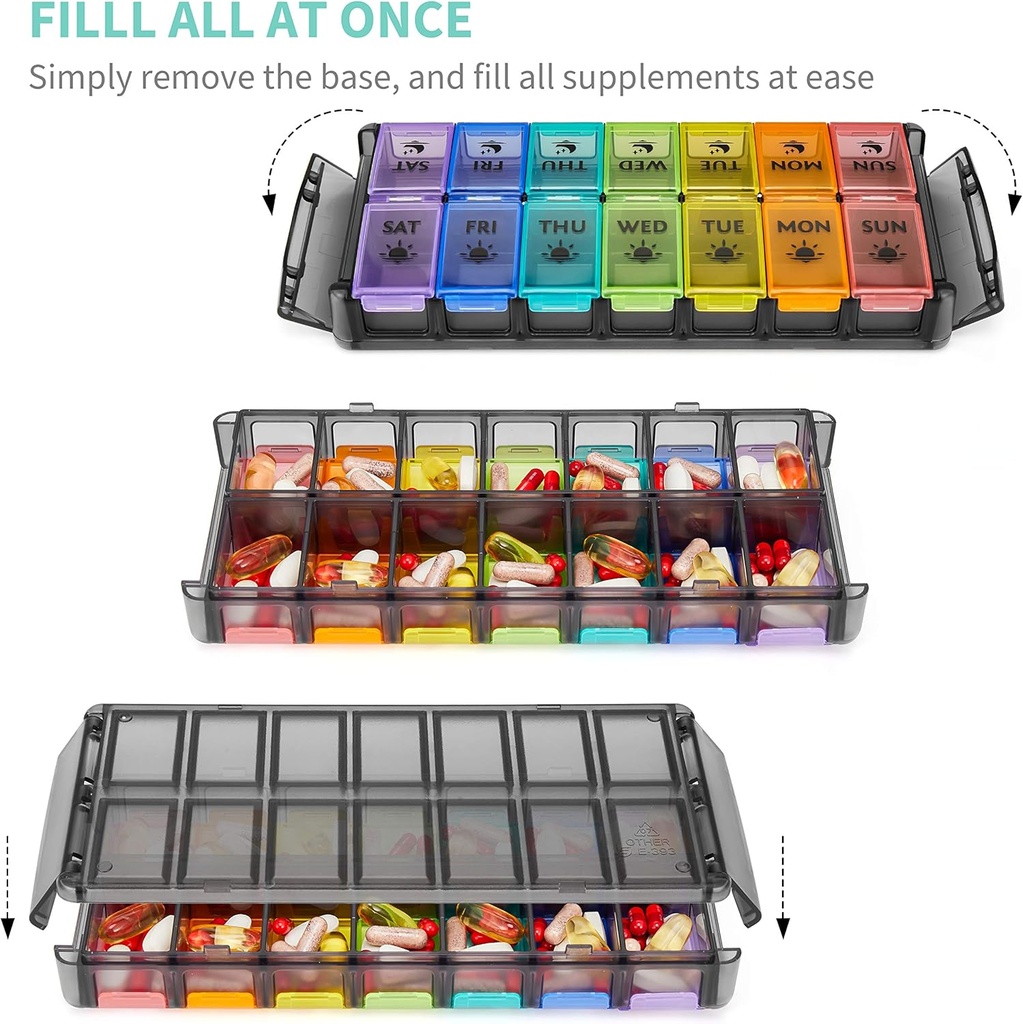 Weekly Pill Organizer 2 Times a Day Large 7 Day Easy Fill 2020 Latest Version NuLeaf AM PM Pill Box Large Daily Pill Cases Medicine Box - Rainbow Black (Patent Registered) 4