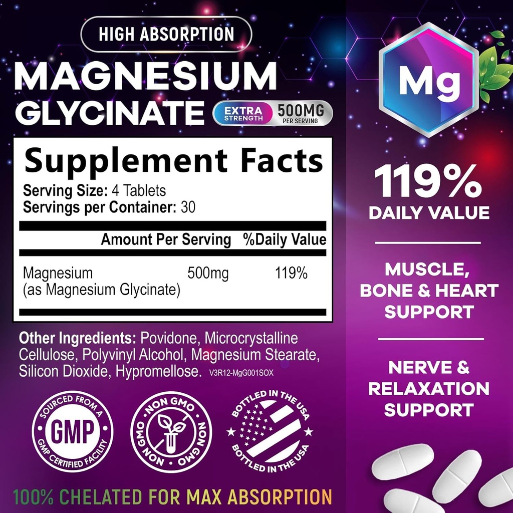 Magnesium Glycinate 500mg - Chelated for Ultra Absorption - Supports Bone, Muscle, Nerves & Heart Health, Nature's Sleep Support, Best Magnesium Supplement Pills for Whole Body Support - 120 Tablets 3