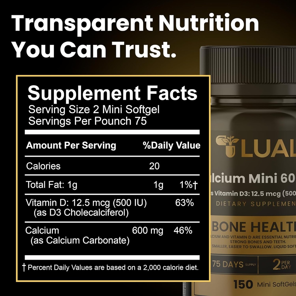 LUAL Calcium Minis 600 mg with Vitamin D3 - Bone & Muscle Support - 150 Mini Softgels - Easy to Swallow - Calcium & D3 for Strong Bones & Mobility 4