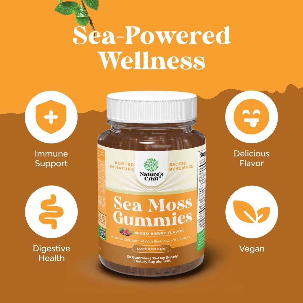 Natures Craft Sea Moss Gummies for Adults and Kids - Vegan Adult and Kids Immune Support Gummies with Burdock Bladderwrack Sea Moss Gel - Delicious Berry Flavor Supplement Men Women Children 30ct 6