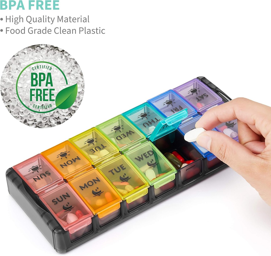 Weekly Pill Organizer 2 Times a Day Large 7 Day Easy Fill 2020 Latest Version NuLeaf AM PM Pill Box Large Daily Pill Cases Medicine Box - Rainbow Black (Patent Registered) 6