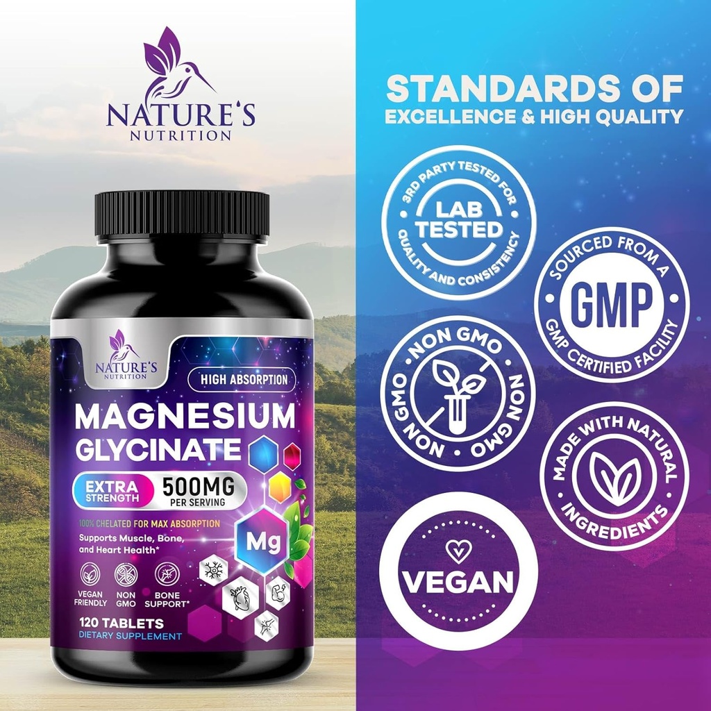 Magnesium Glycinate 500mg - Chelated for Ultra Absorption - Supports Bone, Muscle, Nerves & Heart Health, Nature's Sleep Support, Best Magnesium Supplement Pills for Whole Body Support - 120 Tablets 5