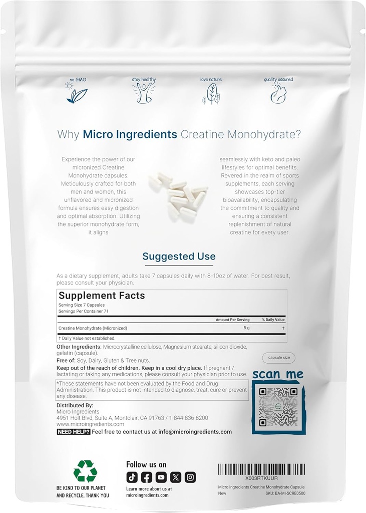 Creatine Monohydrate 5,000mg, 500 Capsules | Pure Creatine Pills – Micronized + Unflavored Powder Source, Easy Absorption | Pre Workout & Muscle Health Support | Keto, Non-GMO 3