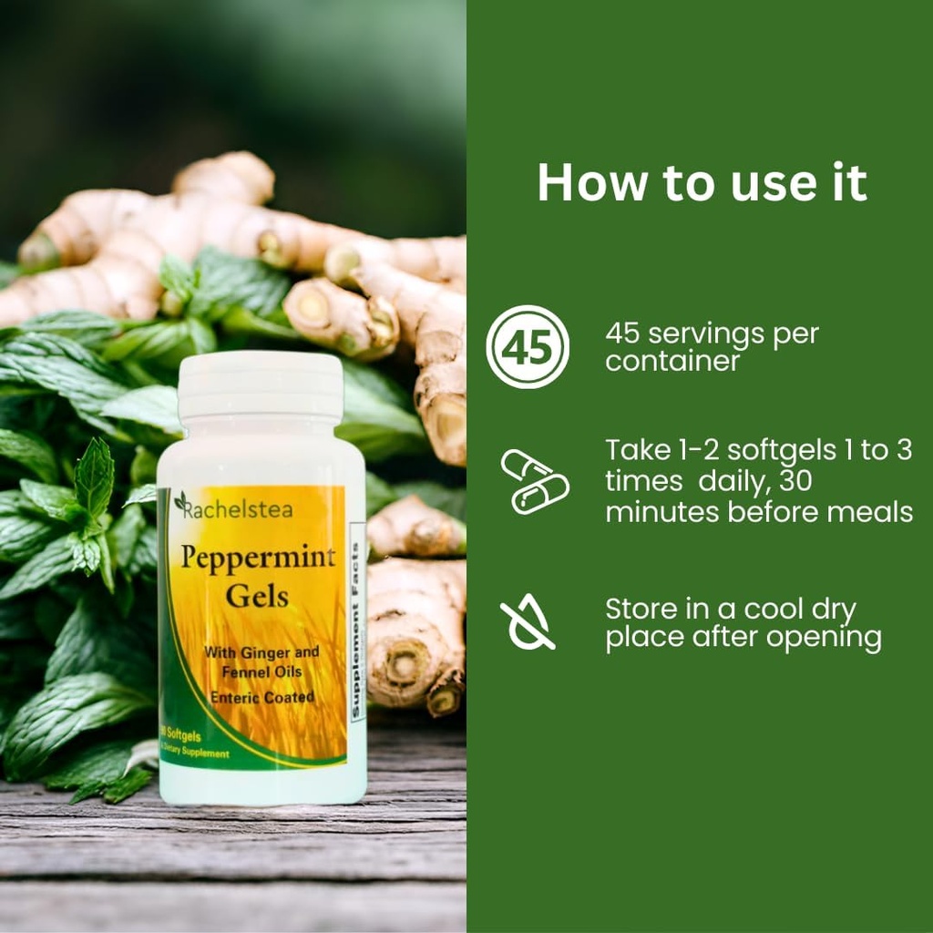 Peppermint Gels: 90 Enteric Coated softgels with Ginger and Fennel Oils from Rachel's Tea 4