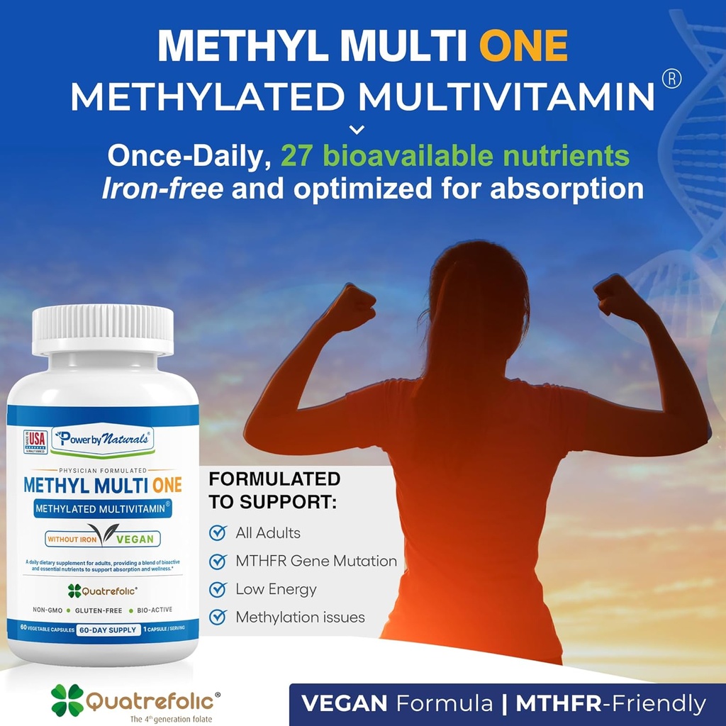 Power By Naturals Methyl Multi One – Iron-Free Methylated Multivitamin for Men & Women with B12 Methylcobalamin, P5P, Folate (5-MTHF), CoQ10 & Zinc for Energy & MTHFR Support, 60 Capsules (2-PK) 3