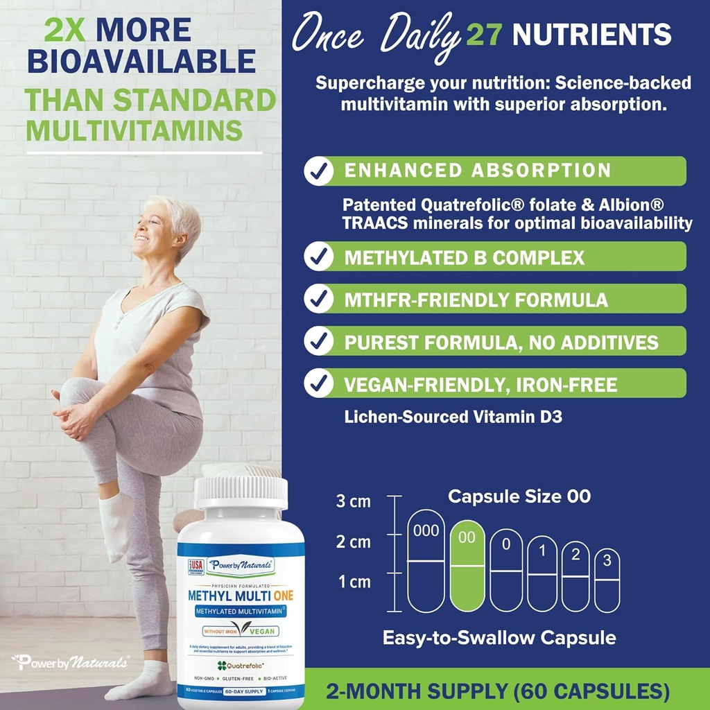 Power By Naturals Methyl Multi One – Iron-Free Methylated Multivitamin for Men & Women with B12 Methylcobalamin, P5P, Folate (5-MTHF), CoQ10 & Zinc for Energy & MTHFR Support, 60 Capsules (2-PK) 5