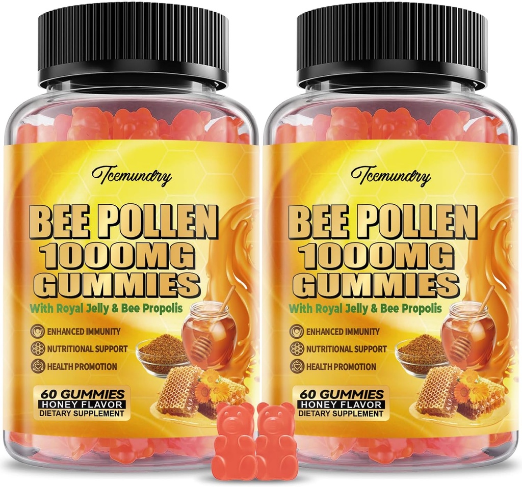 Bee Pollen 1000MG Gummies with 500MG Royal Jelly & Bee Propolis, Sugar Free Bee Pollen Supplement Rich in Vitamin C & E, Vegetarian, Non-GMO, Gluten Free, Support Immunity & Skin Health (120 Count) 2