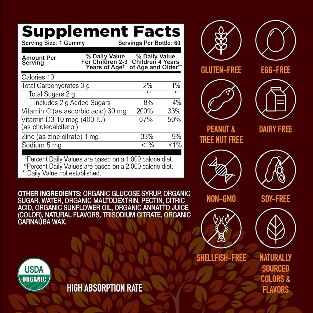 YUM-V'S Kids Strong Earth - Organic Immune Health Gummies with Vitamin C, Vitamin D3 Plus Zinc - Immune System Boost Zinc, Vitamin C, Vitamin D Gummies - Gummy Multivitamin (60 Count) 5