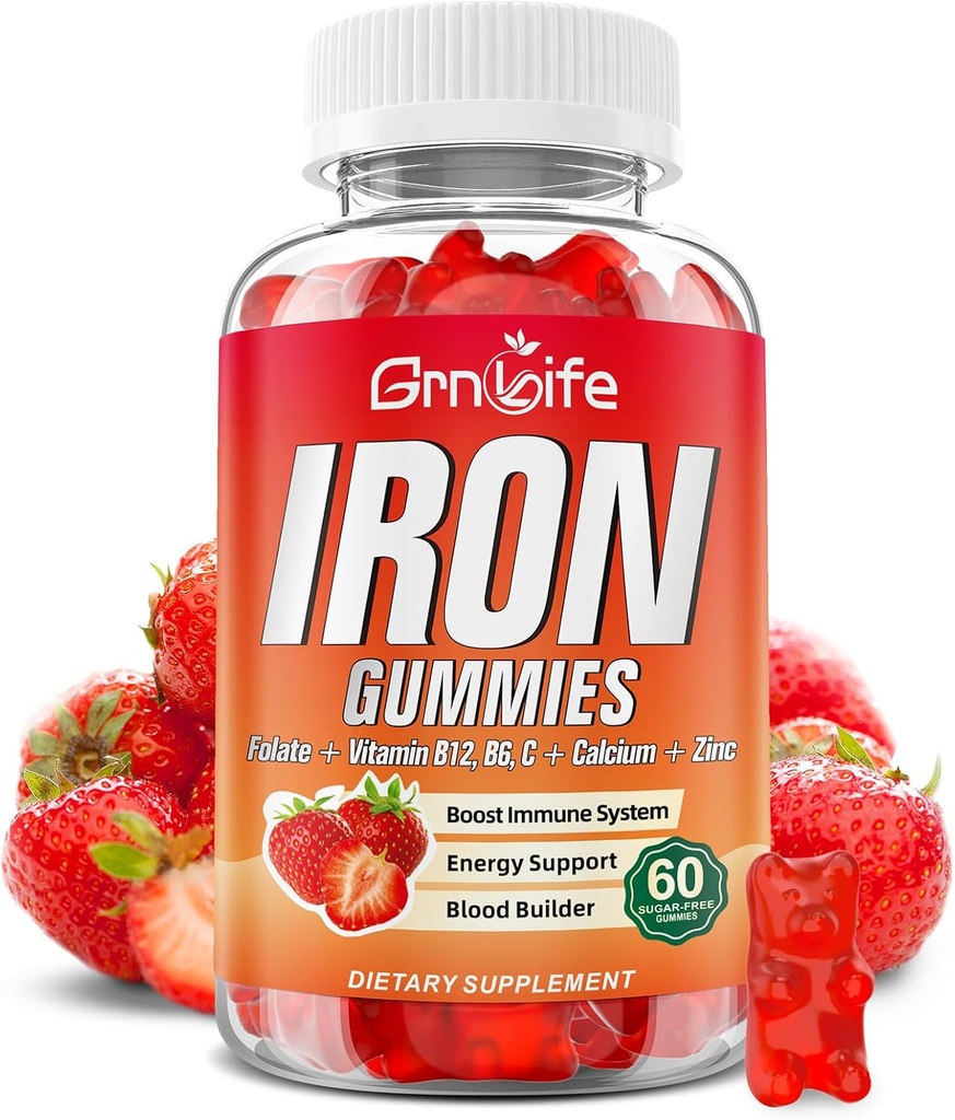 Iron Gummies for Women, Men & Kids, Sugar Free Iron Supplement with Calcium, Zinc, Folate & Vitamin B12, C, B6 - for Blood Building & Energy Support, Anemia, Strawberry, 60 Count 2