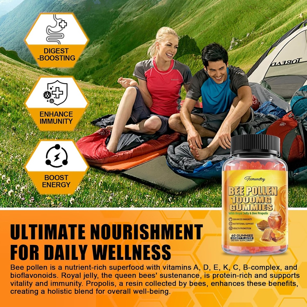 Bee Pollen 1000MG Gummies with 500MG Royal Jelly & Bee Propolis, Sugar Free Bee Pollen Supplement Rich in Vitamin C & E, Vegetarian, Non-GMO, Gluten Free, Support Immunity & Skin Health (120 Count) 6