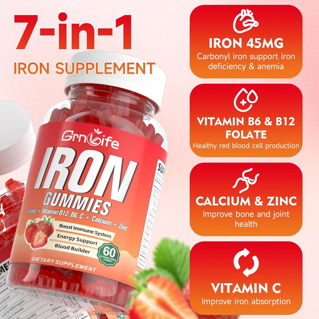 Iron Gummies for Women, Men & Kids, Sugar Free Iron Supplement with Calcium, Zinc, Folate & Vitamin B12, C, B6 - for Blood Building & Energy Support, Anemia, Strawberry, 60 Count 4