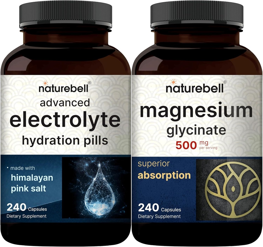 NatureBell Magnesium Glycinate Capsules 500mg & Advanced Electrolyte Hydration Pills Bundle Pack | Chelated & Purified Mineral | Fast Hydrating Keto Electrolytes 2